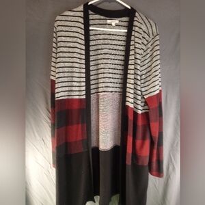 Maurice Red Colorblock Striped and Plaid Open Front Cardigan
